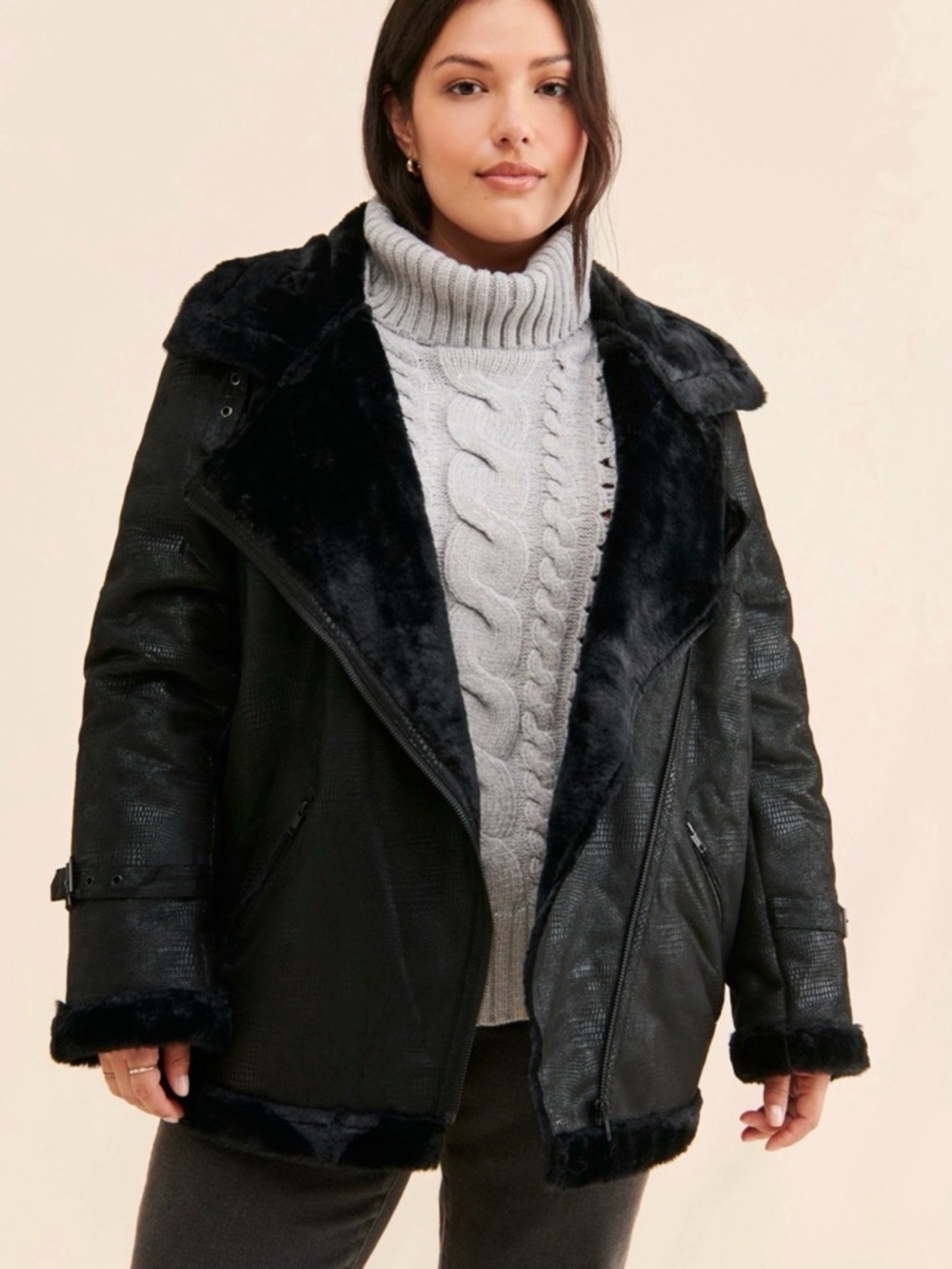 Black Faux-Shearling Aviator Jacket - Women